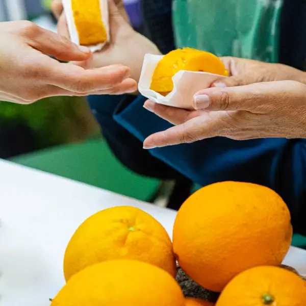 Participantes a receber uma fatia de torta de laranja
Oficina da Laranja no âmbito do Projeto Algarve Craft and Food